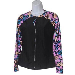 -Raisins Black Floral Rash Guard Full Zip UPF 50 Swim Top Jr Medium
